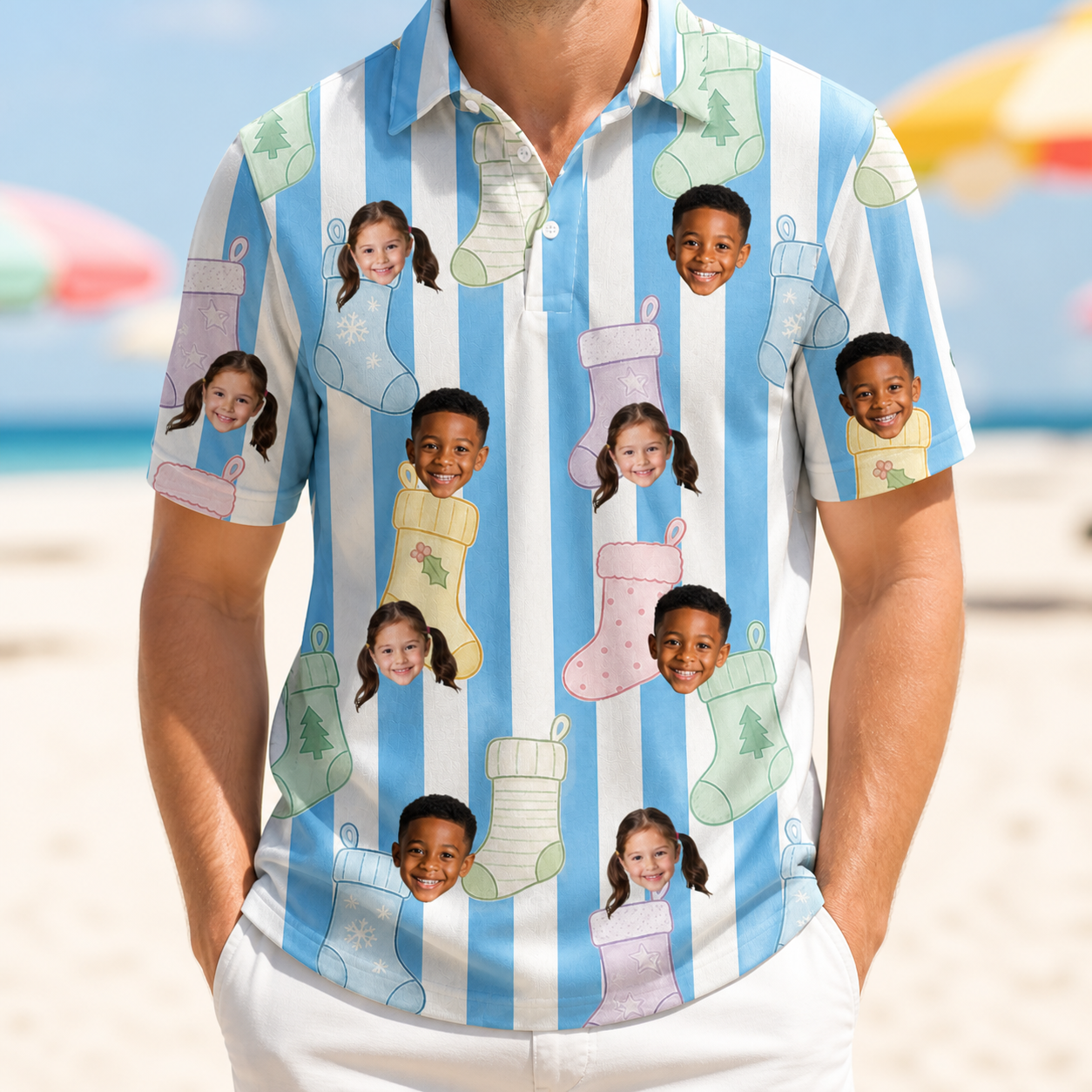 Model wearing Men's Mantel Munchkins Custom Face Polo Shirt printed with kids' faces