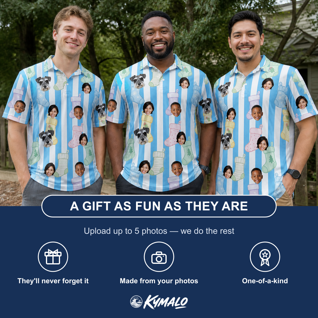 Friends in matching Men's Mantel Munchkins Custom Face Polo Shirt — a group gift photo