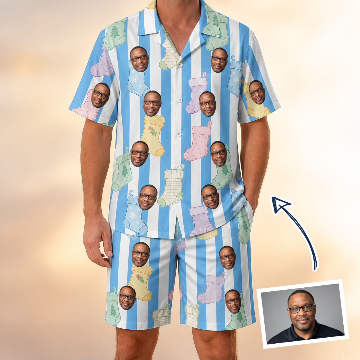 Man wearing Men's Mantel Munchkins Custom Face Shirt & Shorts Set — custom faces printed all-over