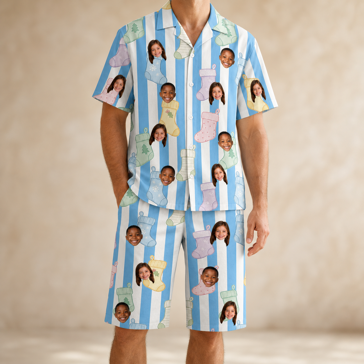 Model wearing Men's Mantel Munchkins Custom Face Shirt & Shorts Set printed with kids' faces