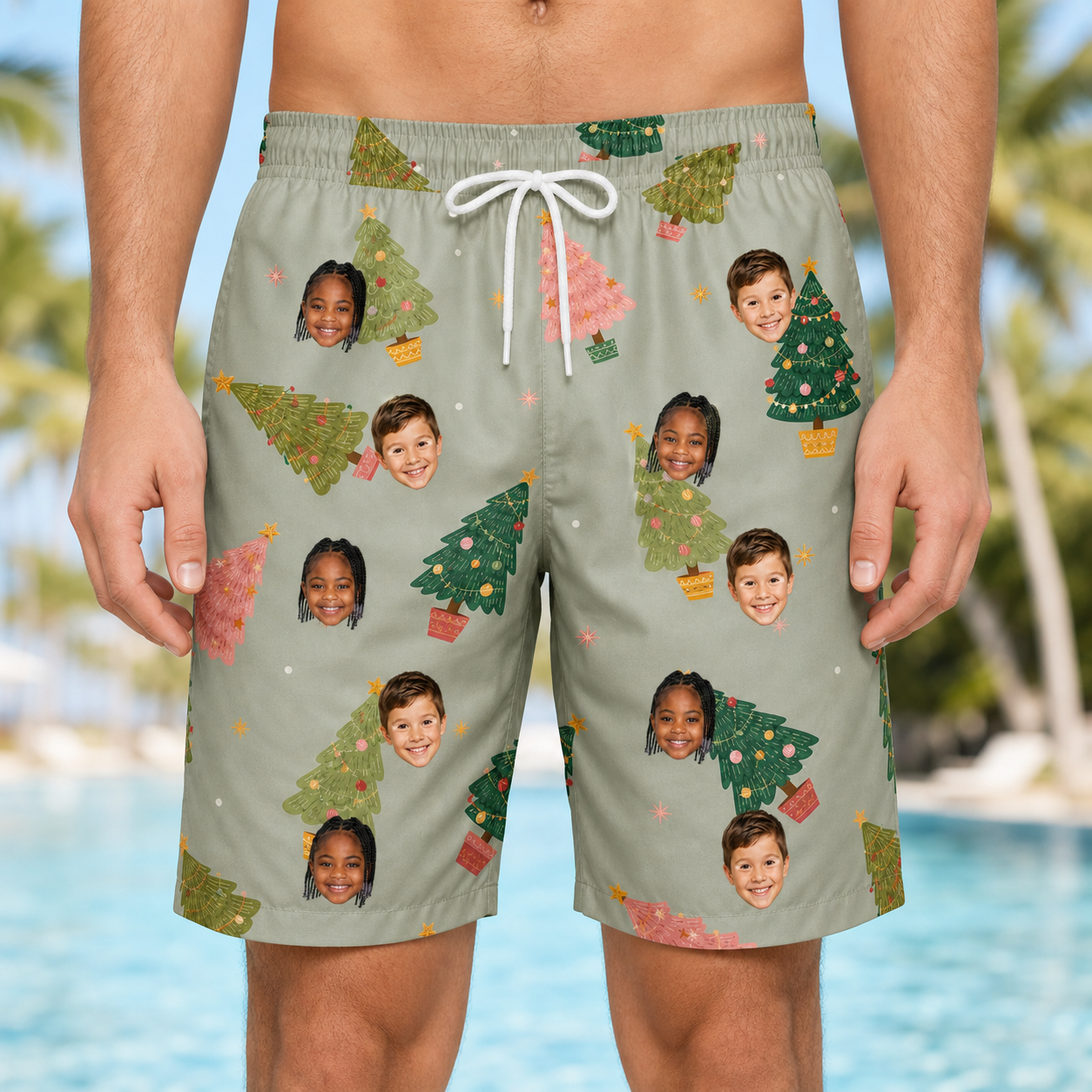 Model wearing Men's Trimmed Tannenbaums Custom Face Beach Shorts printed with kids' faces