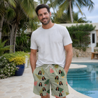 Real-life photo of someone wearing Men's Trimmed Tannenbaums Custom Face Beach Shorts — custom faces printed all-over