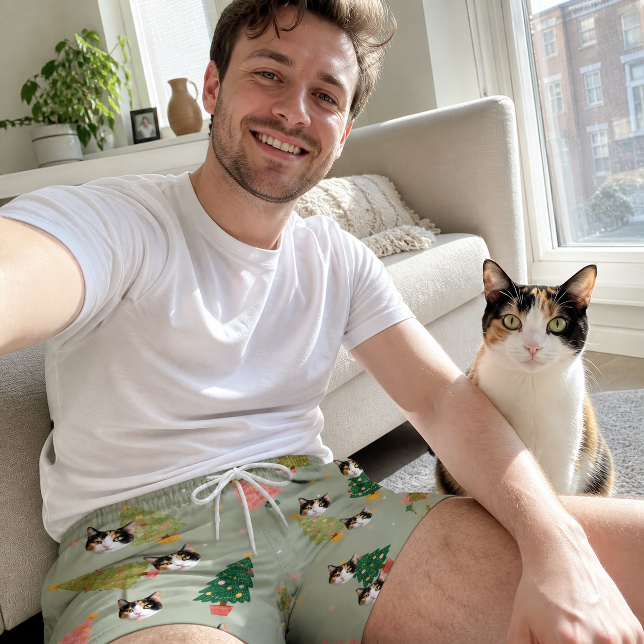 Selfie with the pet whose face is printed all over this Men's Trimmed Tannenbaums Custom Cat Face Beach Shorts
