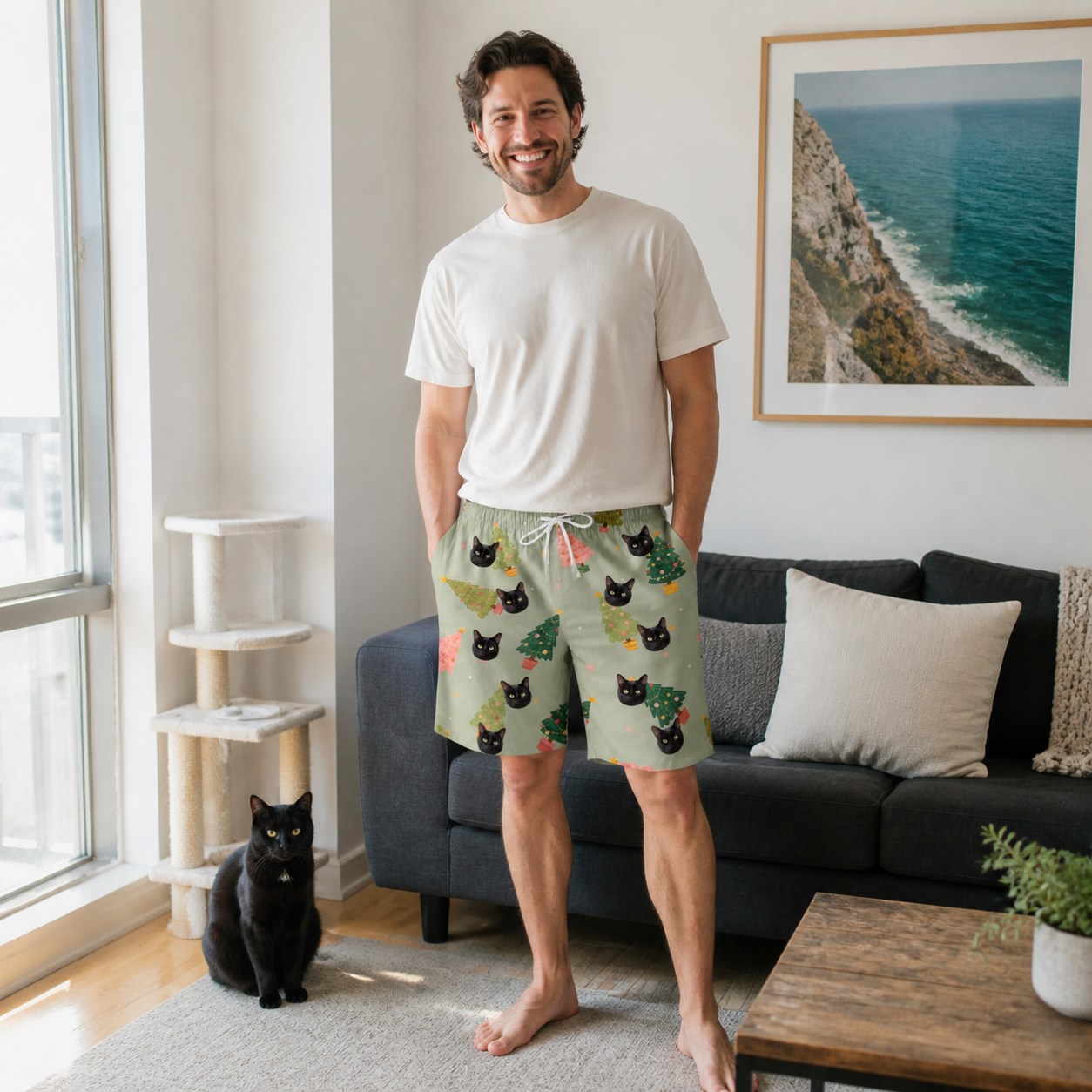 Full-length photo with the pet printed all over this Men's Trimmed Tannenbaums Custom Cat Face Beach Shorts