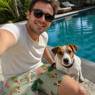 Selfie with the pet whose face is printed all over this Men's Trimmed Tannenbaums Custom Dog Face Beach Shorts