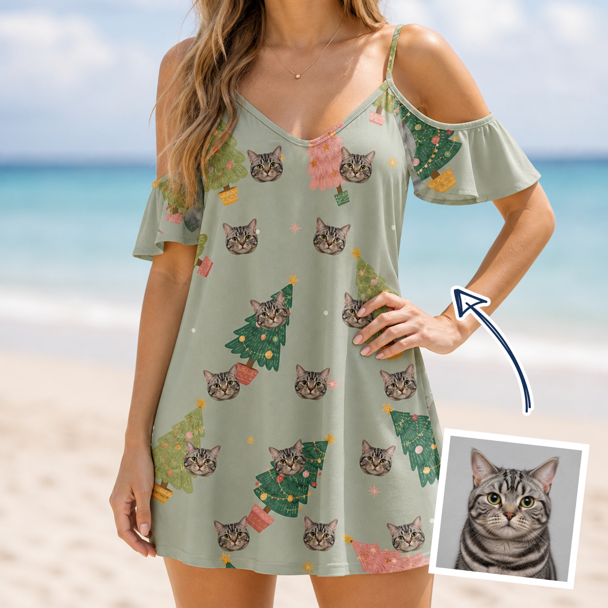 Woman wearing Women's Trimmed Tannenbaums Custom Cat Face Off-Shoulder Dress — custom faces printed all-over