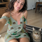 Selfie with the pet whose face is printed all over this Women's Trimmed Tannenbaums Custom Cat Face Off-Shoulder Dress
