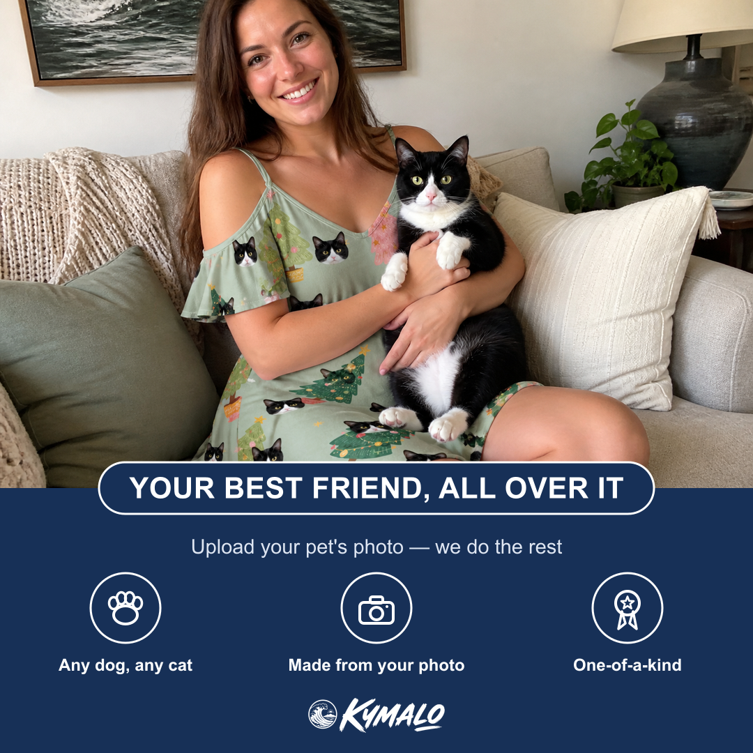 Friends in matching Women's Trimmed Tannenbaums Custom Cat Face Off-Shoulder Dress — a group gift photo