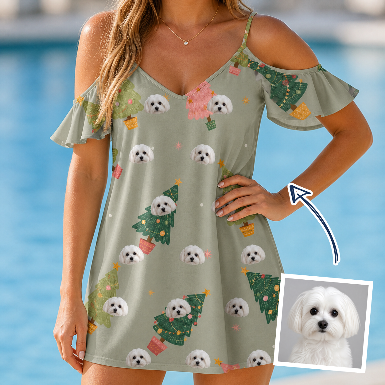 Woman wearing Women's Trimmed Tannenbaums Custom Dog Face Off-Shoulder Dress — custom faces printed all-over