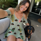 Selfie with the pet whose face is printed all over this Women's Trimmed Tannenbaums Custom Dog Face Off-Shoulder Dress