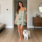 Full-length photo with the pet printed all over this Women's Trimmed Tannenbaums Custom Dog Face Off-Shoulder Dress