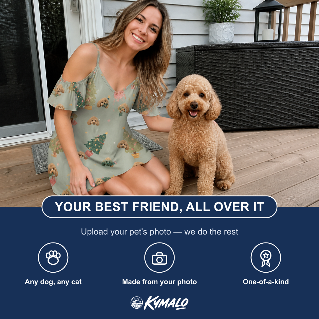 Friends in matching Women's Trimmed Tannenbaums Custom Dog Face Off-Shoulder Dress — a group gift photo