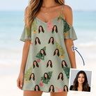 Woman wearing Women's Trimmed Tannenbaums Custom Face Off-Shoulder Dress — custom faces printed all-over
