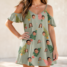 Model wearing Women's Trimmed Tannenbaums Custom Face Off-Shoulder Dress printed with kids' faces