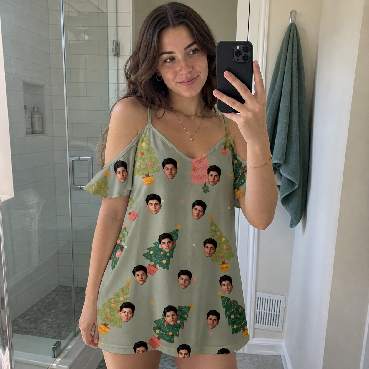 Real-life photo of someone wearing Women's Trimmed Tannenbaums Custom Face Off-Shoulder Dress — custom faces printed all-over