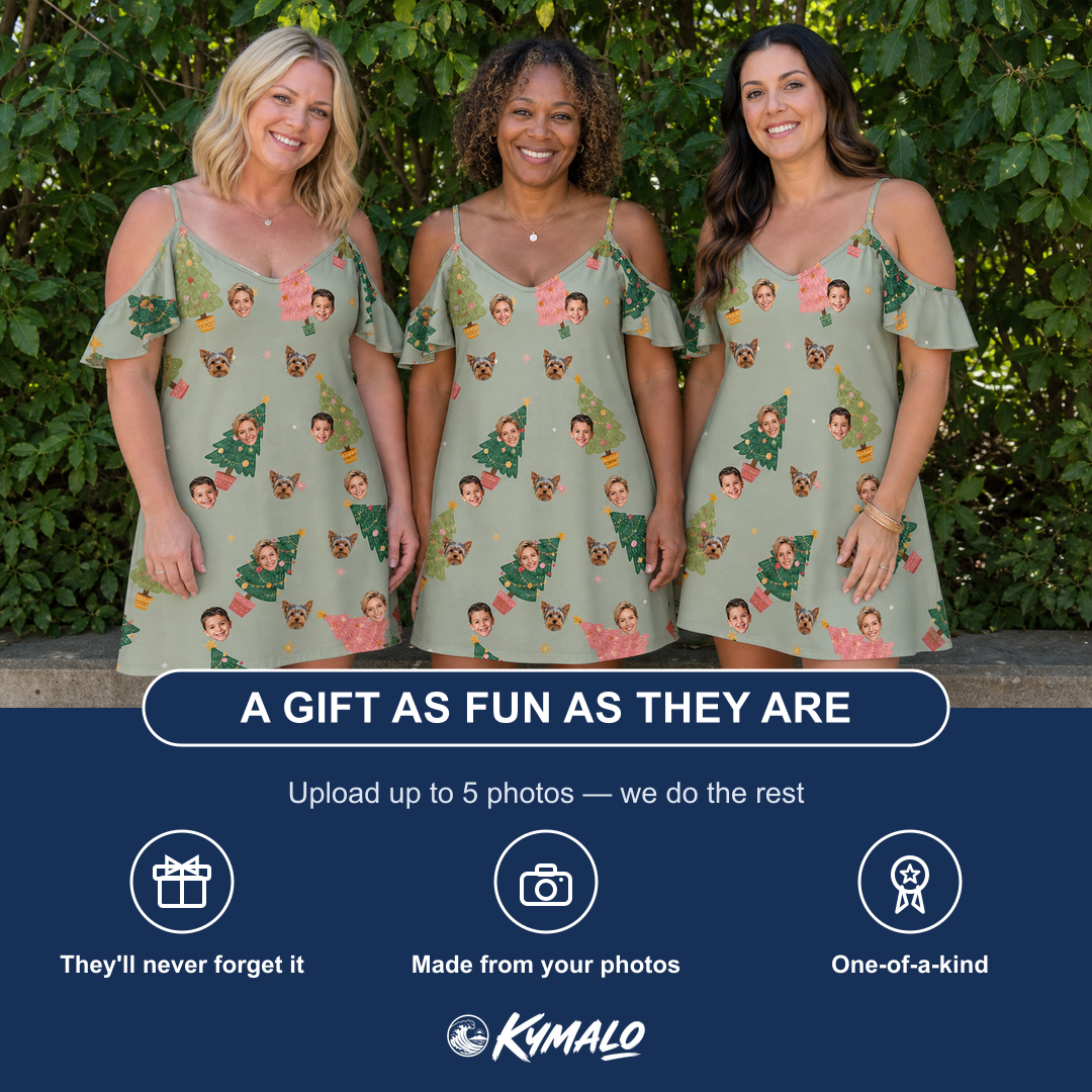 Friends in matching Women's Trimmed Tannenbaums Custom Face Off-Shoulder Dress — a group gift photo