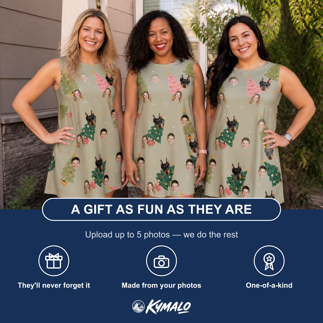 Friends in matching Women's Trimmed Tannenbaums Custom Face Tank Dress — a group gift photo