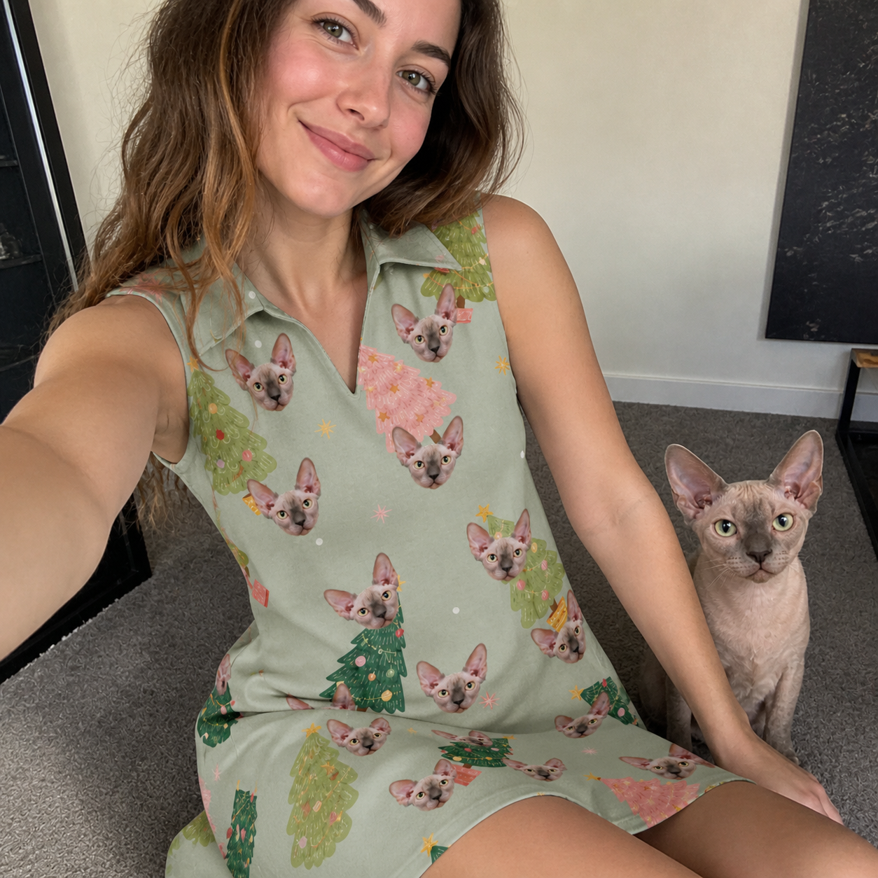 Selfie with the pet whose face is printed all over this Women's Trimmed Tannenbaums Custom Cat Face V-Neck Dress