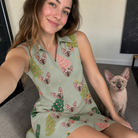Selfie with the pet whose face is printed all over this Women's Trimmed Tannenbaums Custom Cat Face V-Neck Dress