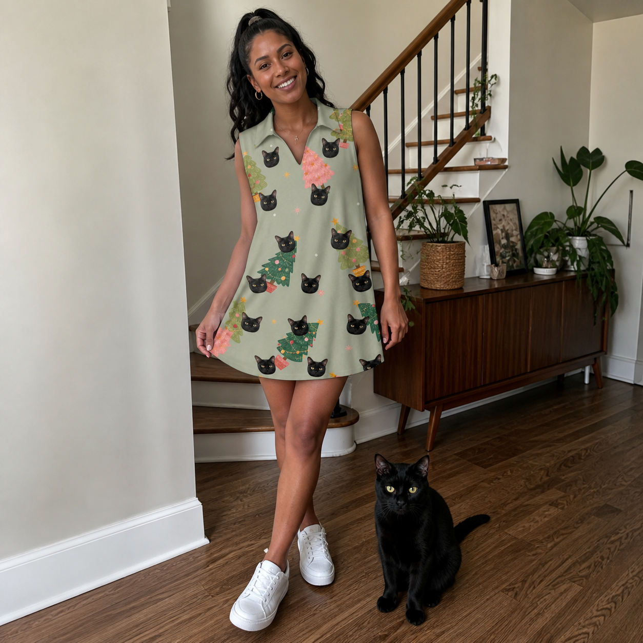 Full-length photo with the pet printed all over this Women's Trimmed Tannenbaums Custom Cat Face V-Neck Dress
