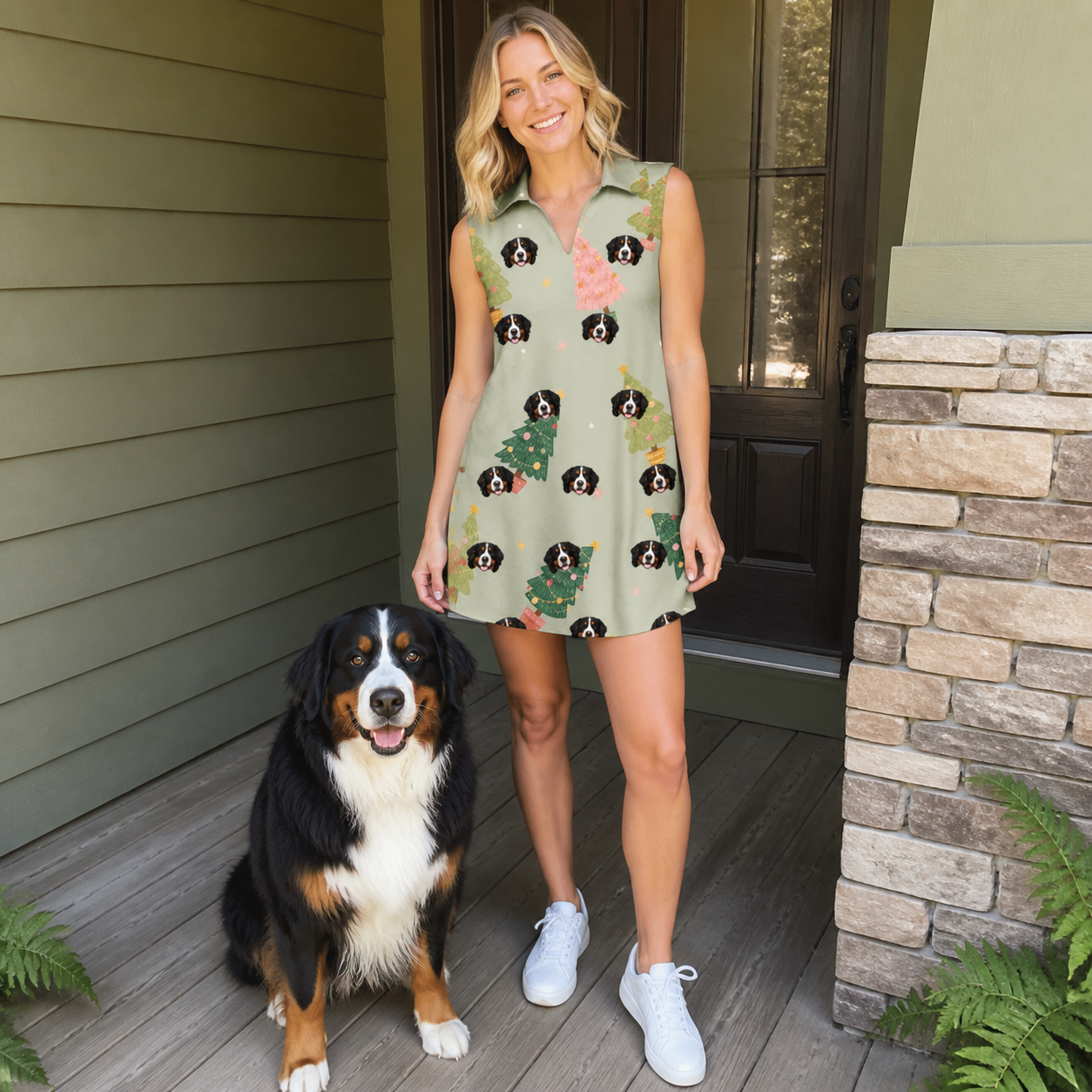 Full-length photo with the pet printed all over this Women's Trimmed Tannenbaums Custom Dog Face V-Neck Dress