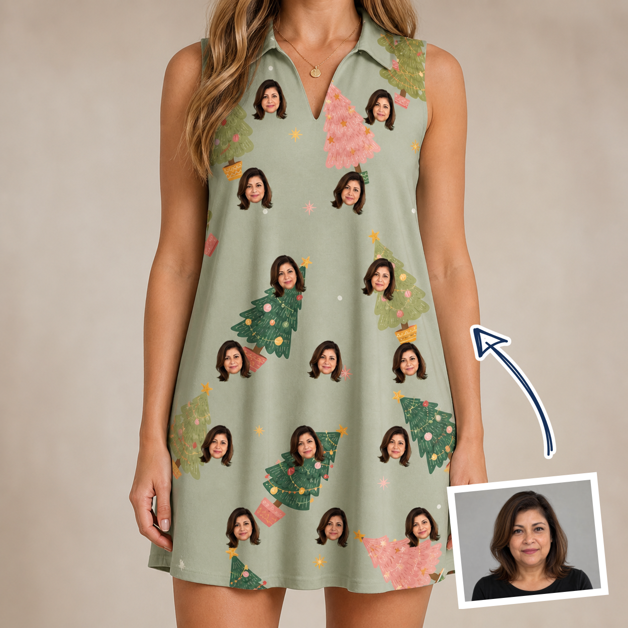 Woman wearing Women's Trimmed Tannenbaums Custom Face V-Neck Dress — custom faces printed all-over