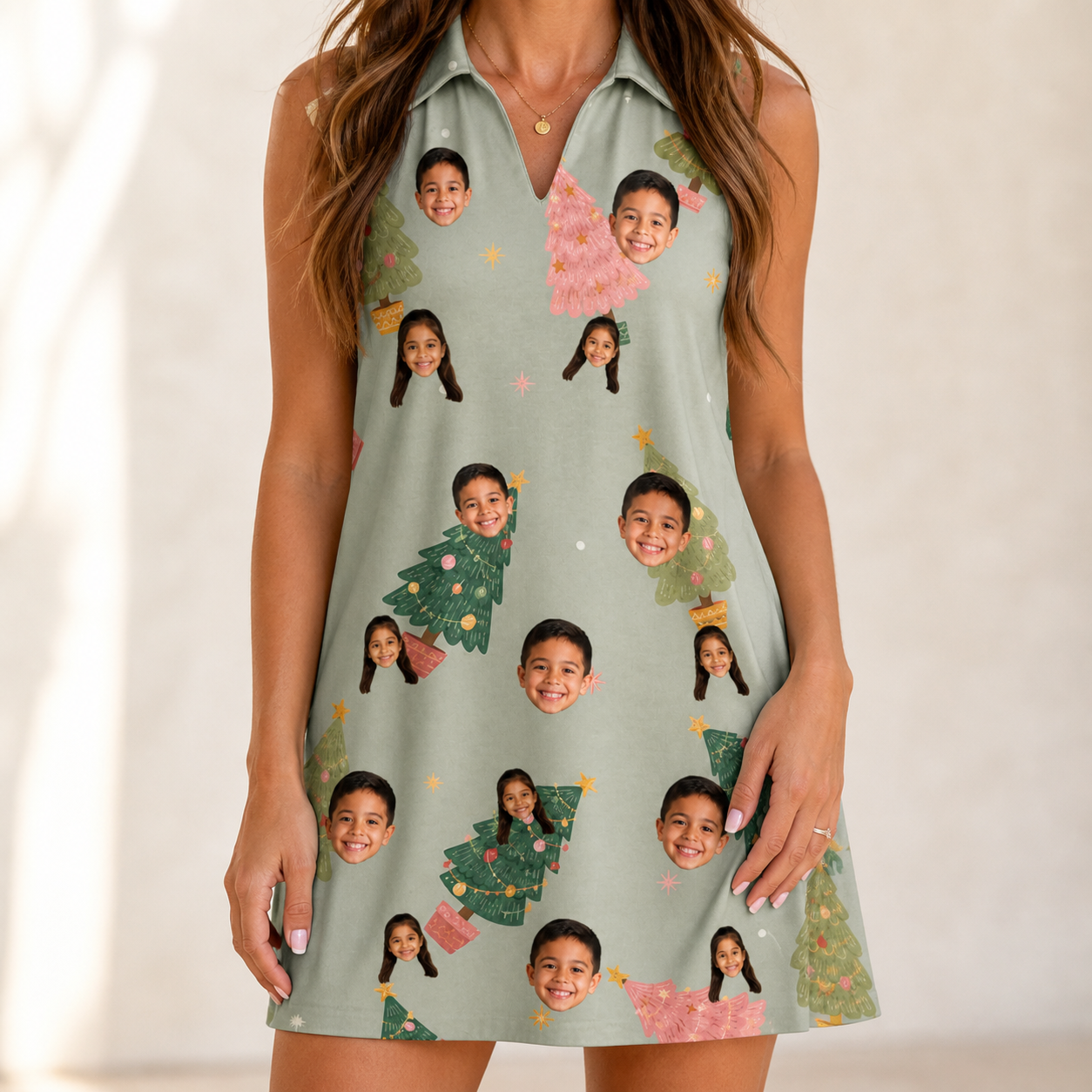 Model wearing Women's Trimmed Tannenbaums Custom Face V-Neck Dress printed with kids' faces