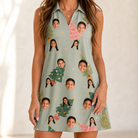 Model wearing Women's Trimmed Tannenbaums Custom Face V-Neck Dress printed with kids' faces