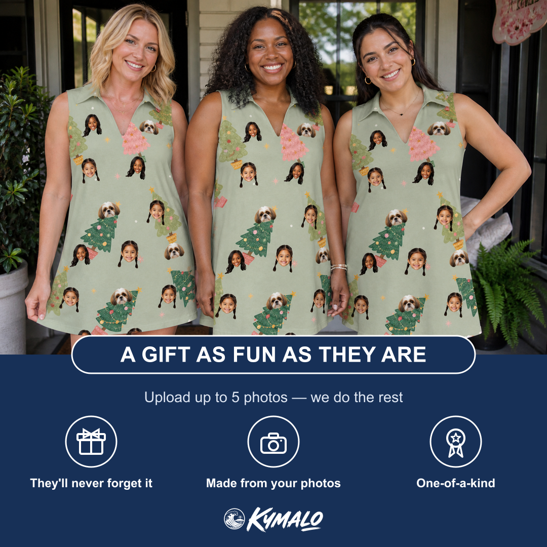 Friends in matching Women's Trimmed Tannenbaums Custom Face V-Neck Dress — a group gift photo