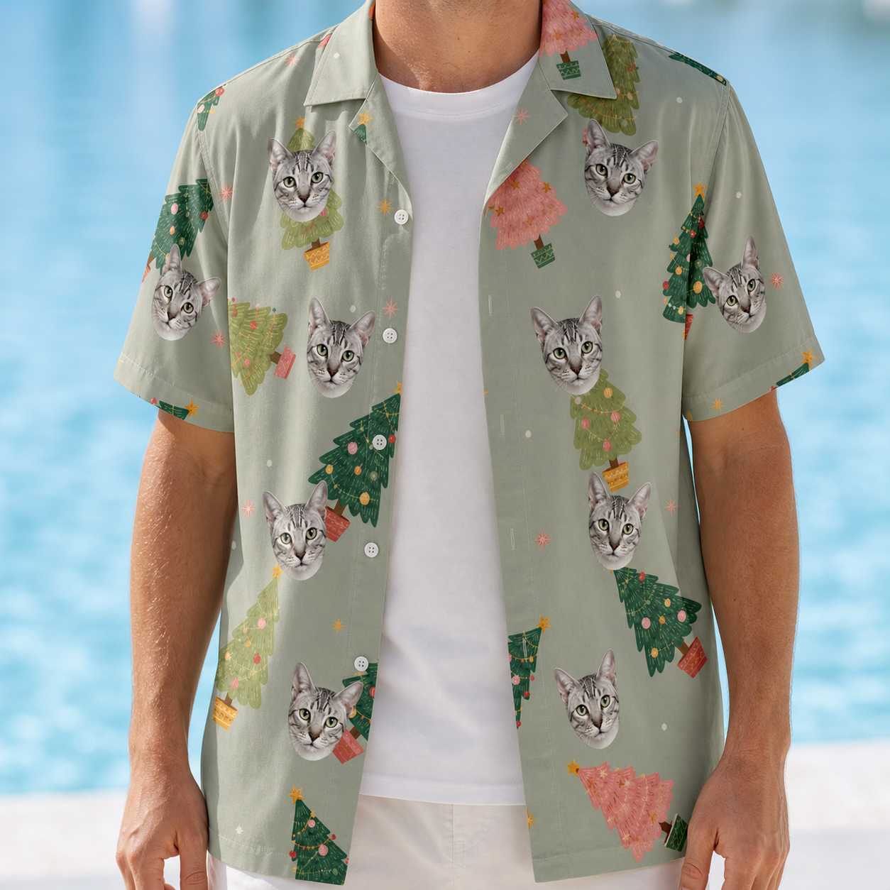 Man wearing Men's Trimmed Tannenbaums Custom Cat Face Hawaiian Shirt open over a white tee