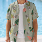Man wearing Men's Trimmed Tannenbaums Custom Cat Face Hawaiian Shirt open over a white tee