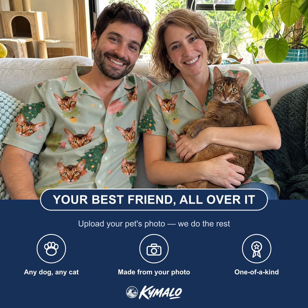 Friends in matching Men's Trimmed Tannenbaums Custom Cat Face Hawaiian Shirt — a group gift photo