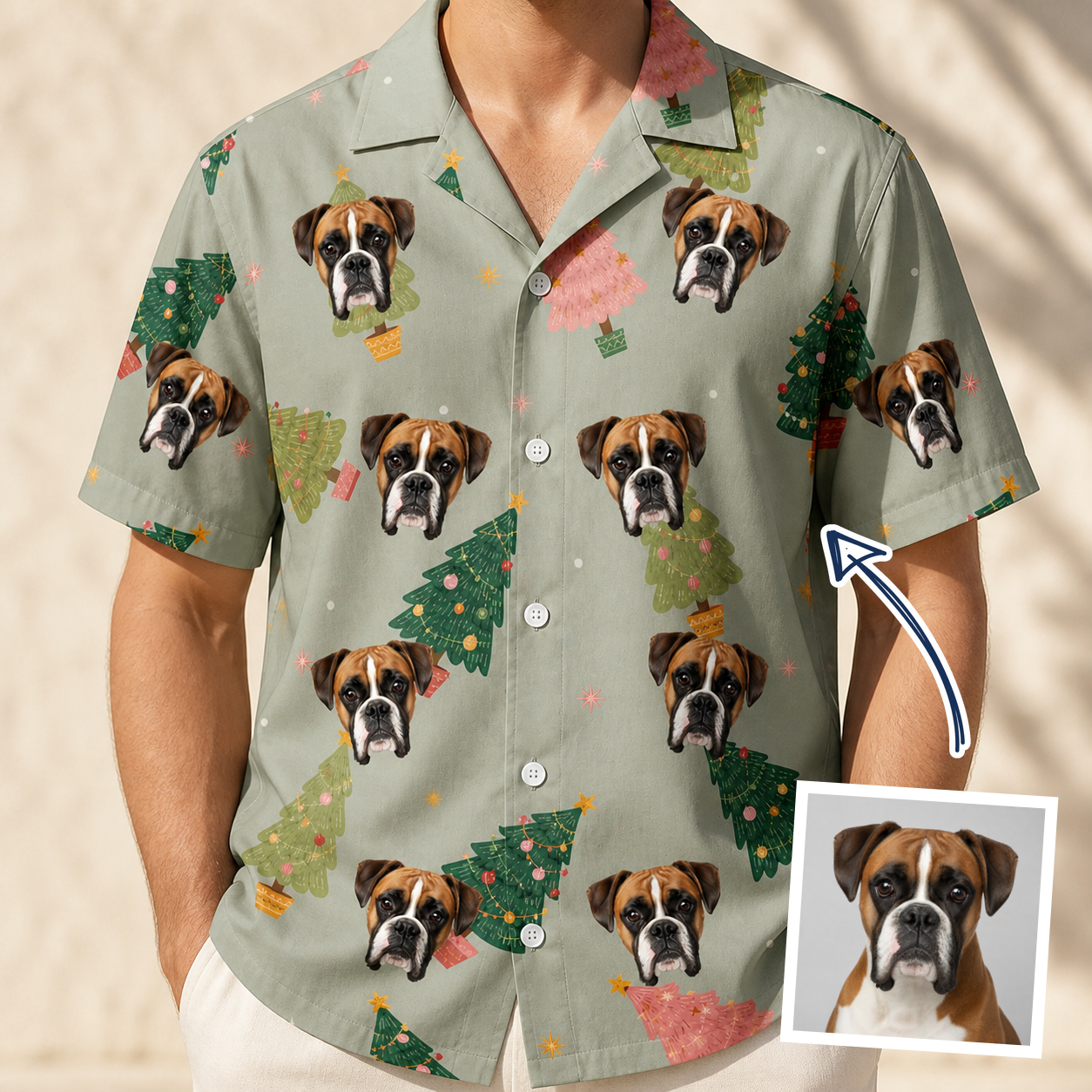 Man wearing Men's Trimmed Tannenbaums Custom Dog Face Hawaiian Shirt — custom faces printed all-over