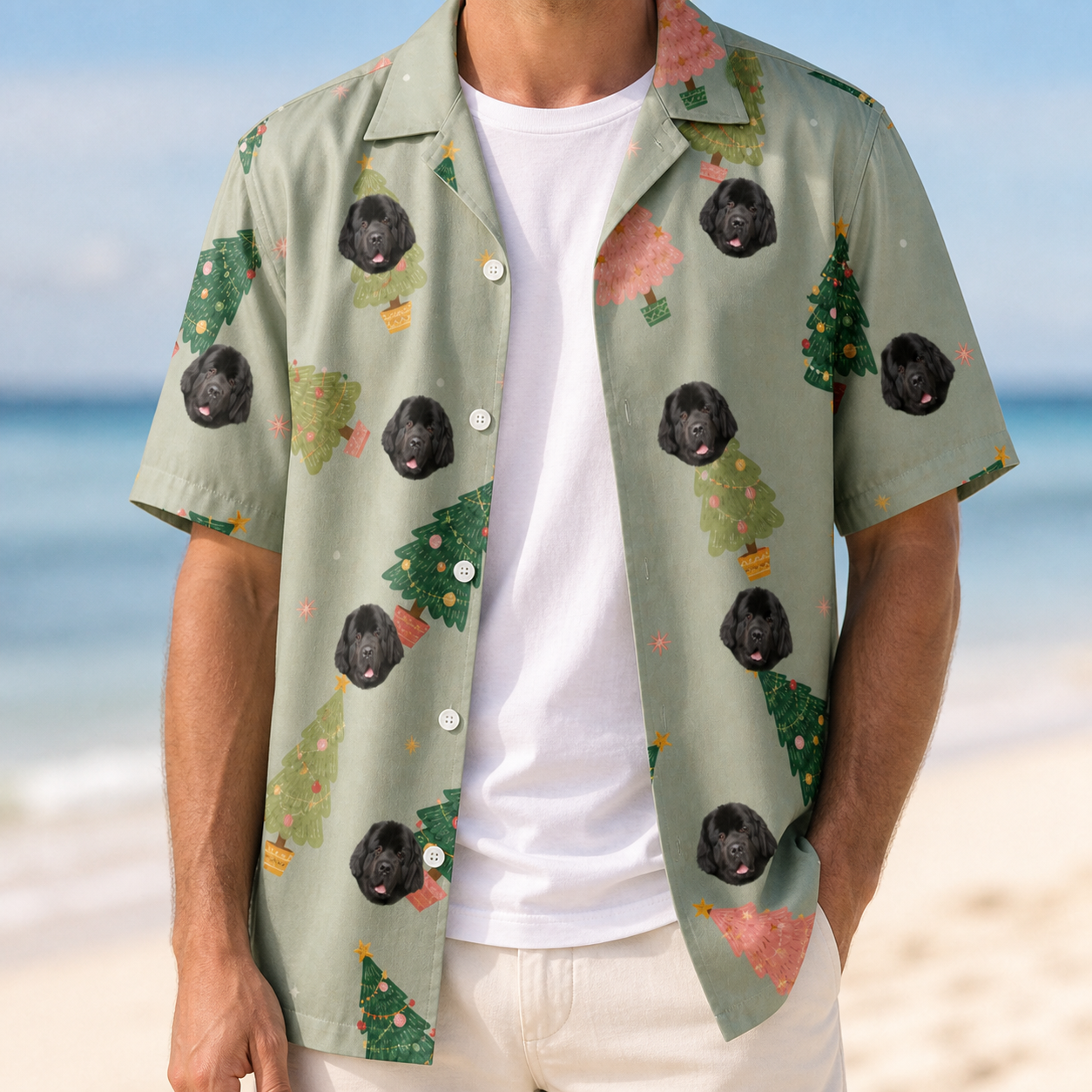 Man wearing Men's Trimmed Tannenbaums Custom Dog Face Hawaiian Shirt open over a white tee