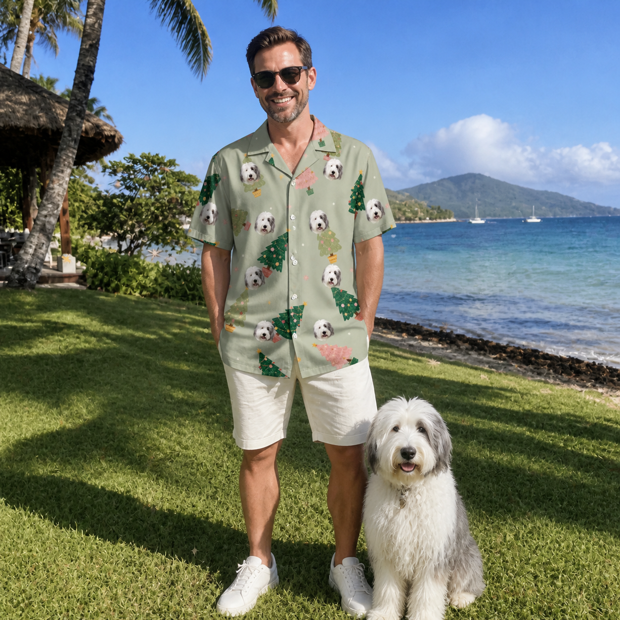 Full-length photo with the pet printed all over this Men's Trimmed Tannenbaums Custom Dog Face Hawaiian Shirt