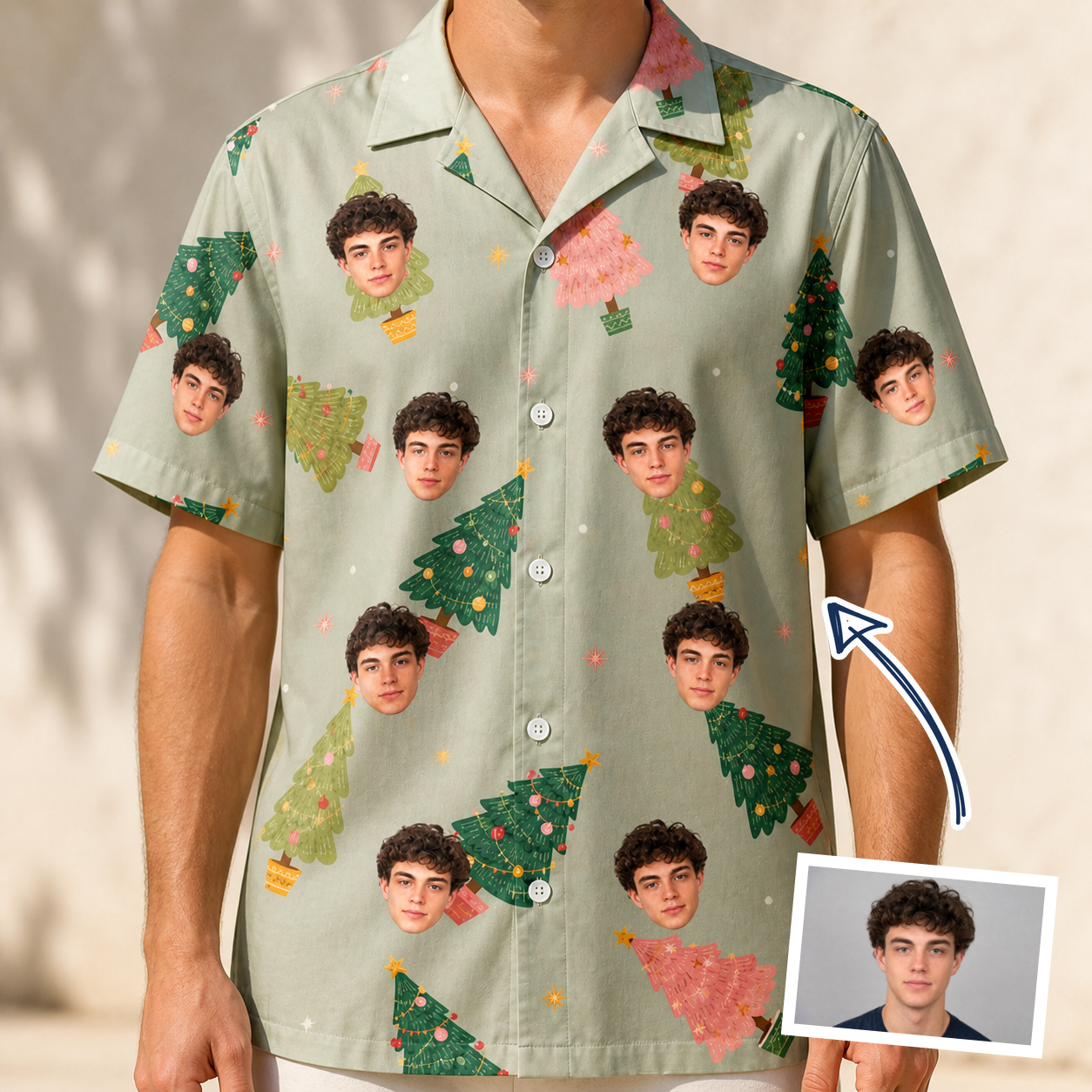 Man wearing Men's Trimmed Tannenbaums Custom Face Hawaiian Shirt — custom faces printed all-over