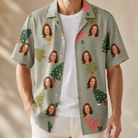 Man wearing Men's Trimmed Tannenbaums Custom Face Hawaiian Shirt open over a white tee