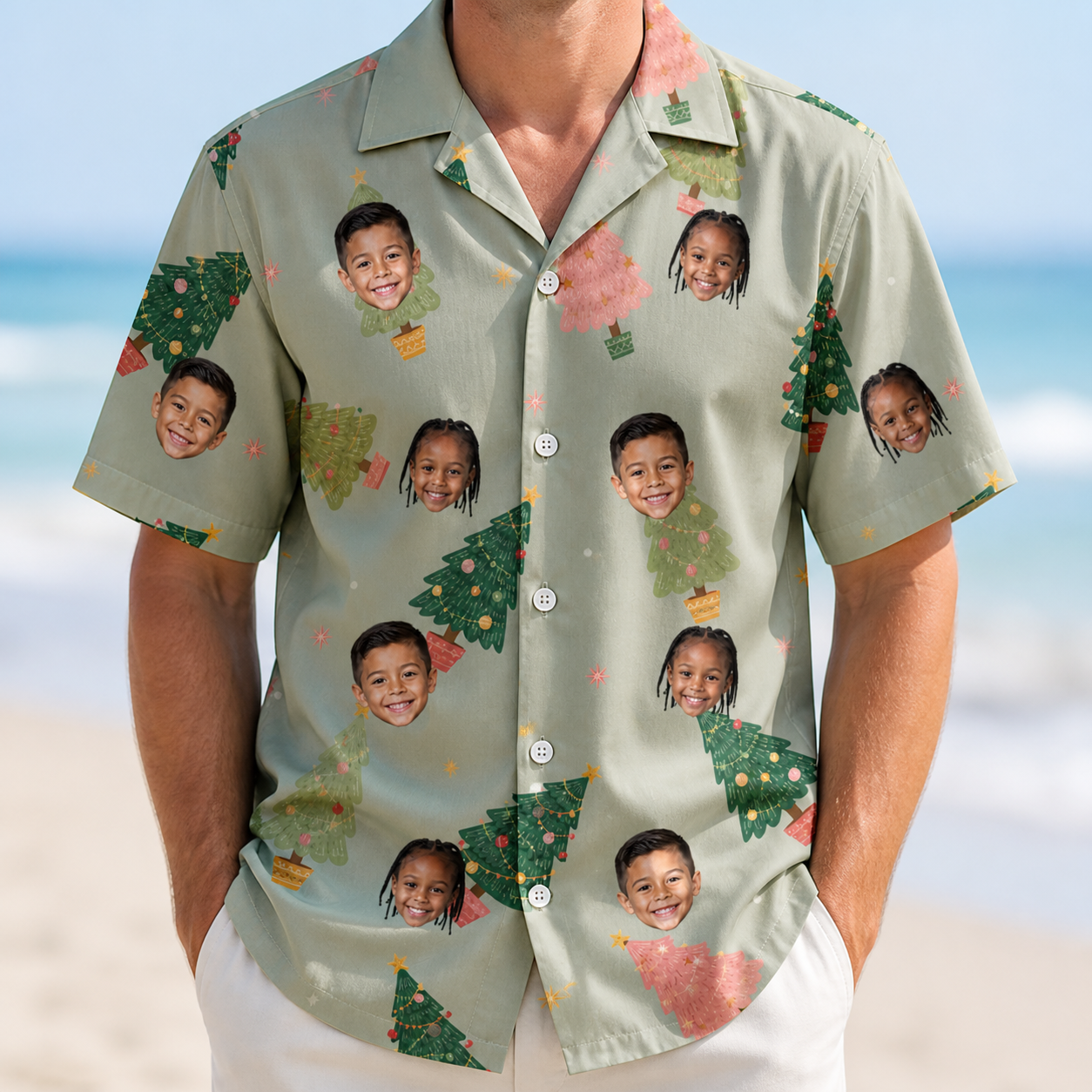 Model wearing Men's Trimmed Tannenbaums Custom Face Hawaiian Shirt printed with kids' faces