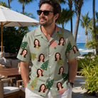 Real-life photo of someone wearing Men's Trimmed Tannenbaums Custom Face Hawaiian Shirt — custom faces printed all-over