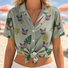 Woman wearing Women's Trimmed Tannenbaums Custom Cat Face Hawaiian Shirt tied at the waist