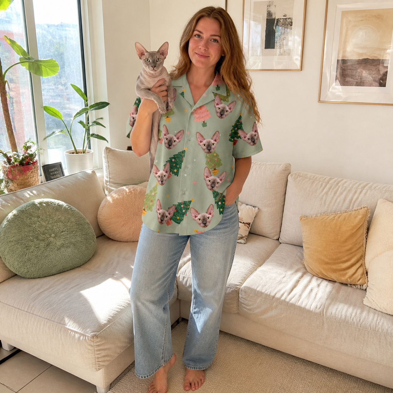 Full-length photo with the pet printed all over this Women's Trimmed Tannenbaums Custom Cat Face Hawaiian Shirt