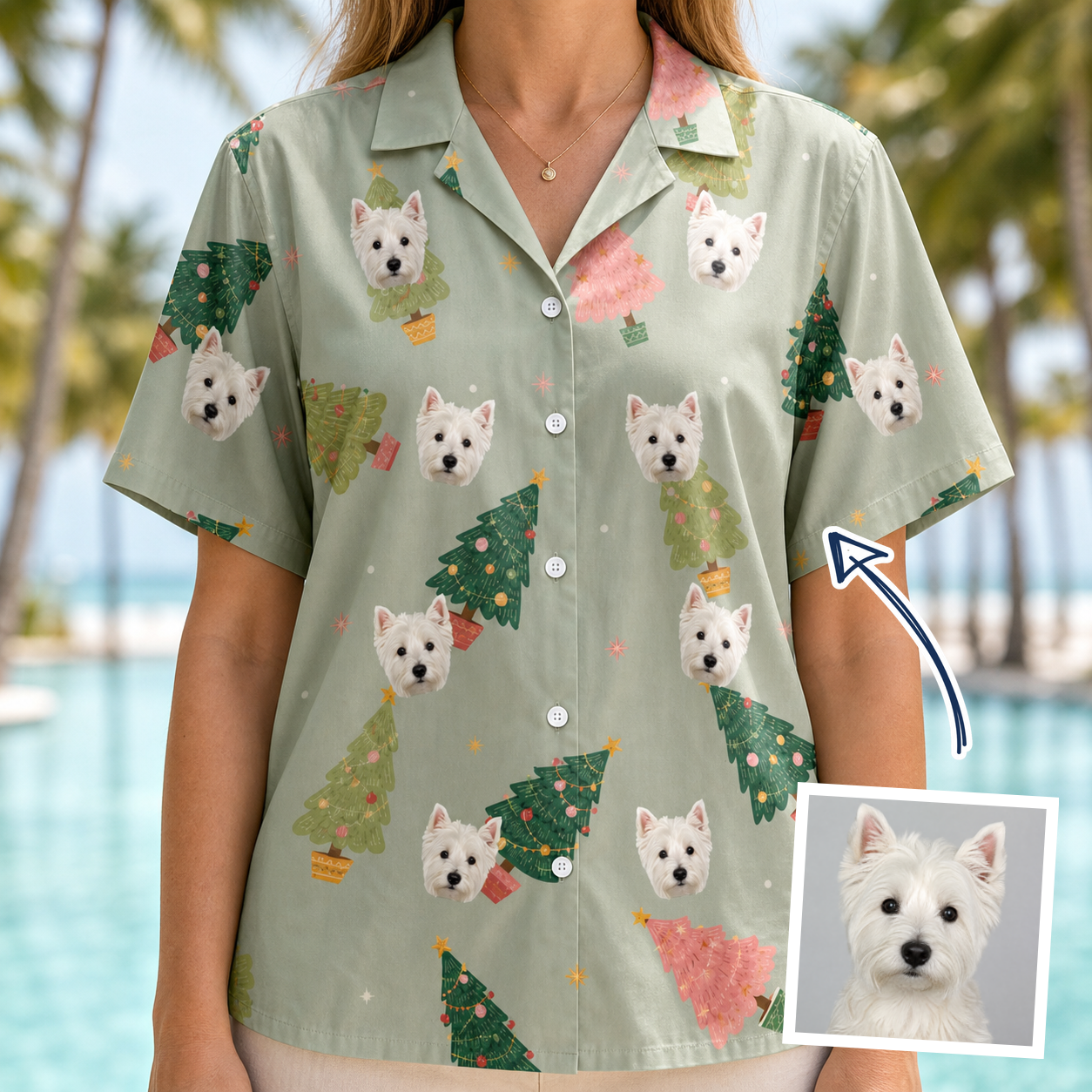 Woman wearing Women's Trimmed Tannenbaums Custom Dog Face Hawaiian Shirt — custom faces printed all-over