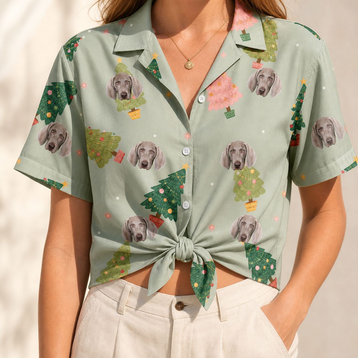 Woman wearing Women's Trimmed Tannenbaums Custom Dog Face Hawaiian Shirt tied at the waist