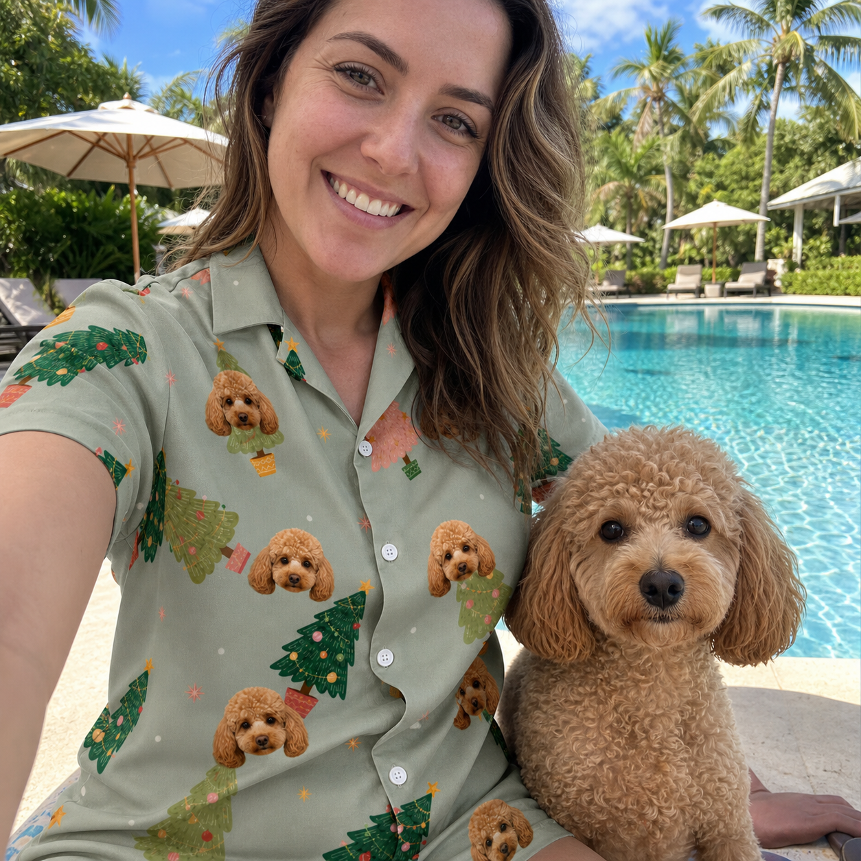 Selfie with the pet whose face is printed all over this Women's Trimmed Tannenbaums Custom Dog Face Hawaiian Shirt
