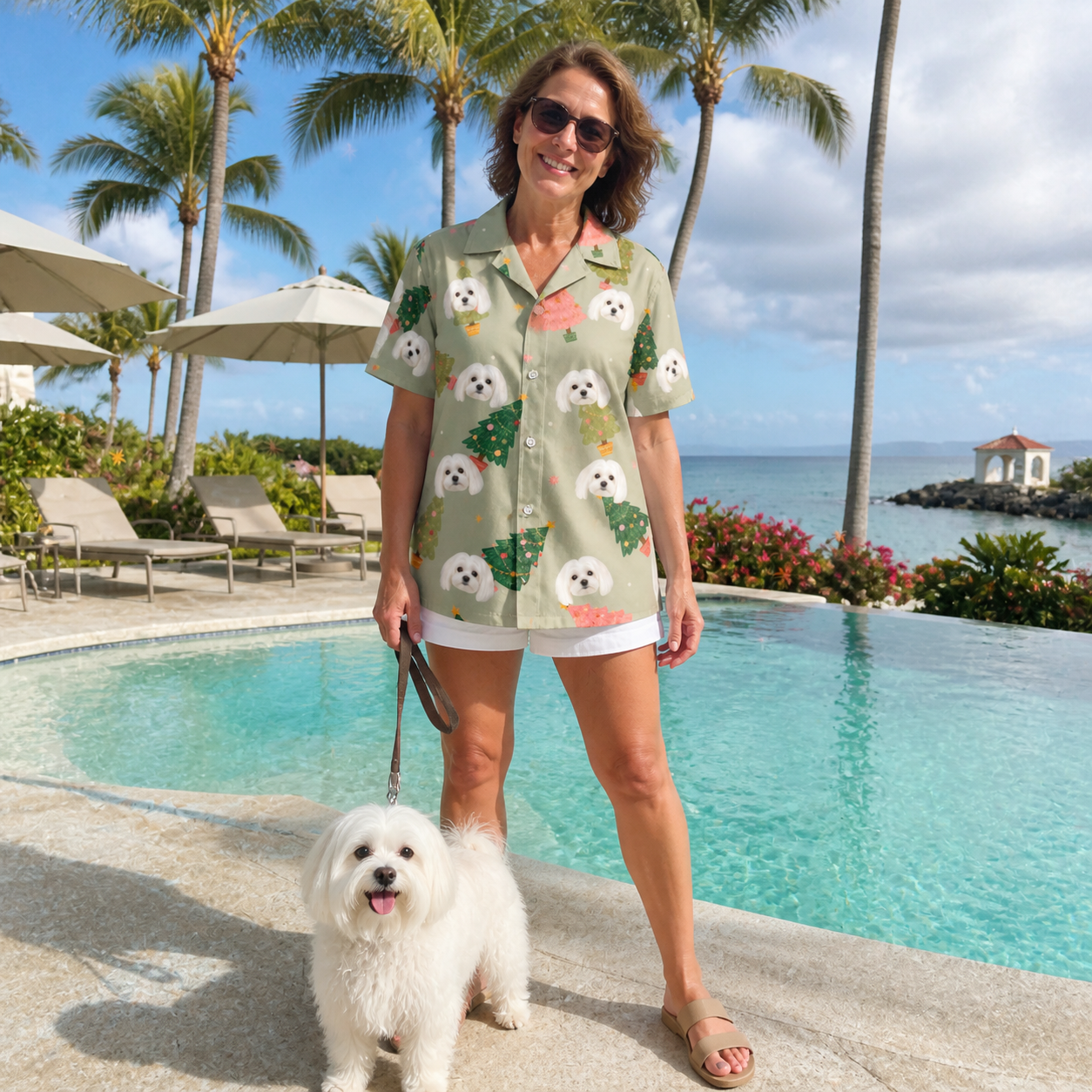 Full-length photo with the pet printed all over this Women's Trimmed Tannenbaums Custom Dog Face Hawaiian Shirt