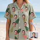 Woman wearing Women's Trimmed Tannenbaums Custom Face Hawaiian Shirt — custom faces printed all-over