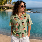 Real-life photo of someone wearing Women's Trimmed Tannenbaums Custom Face Hawaiian Shirt — custom faces printed all-over