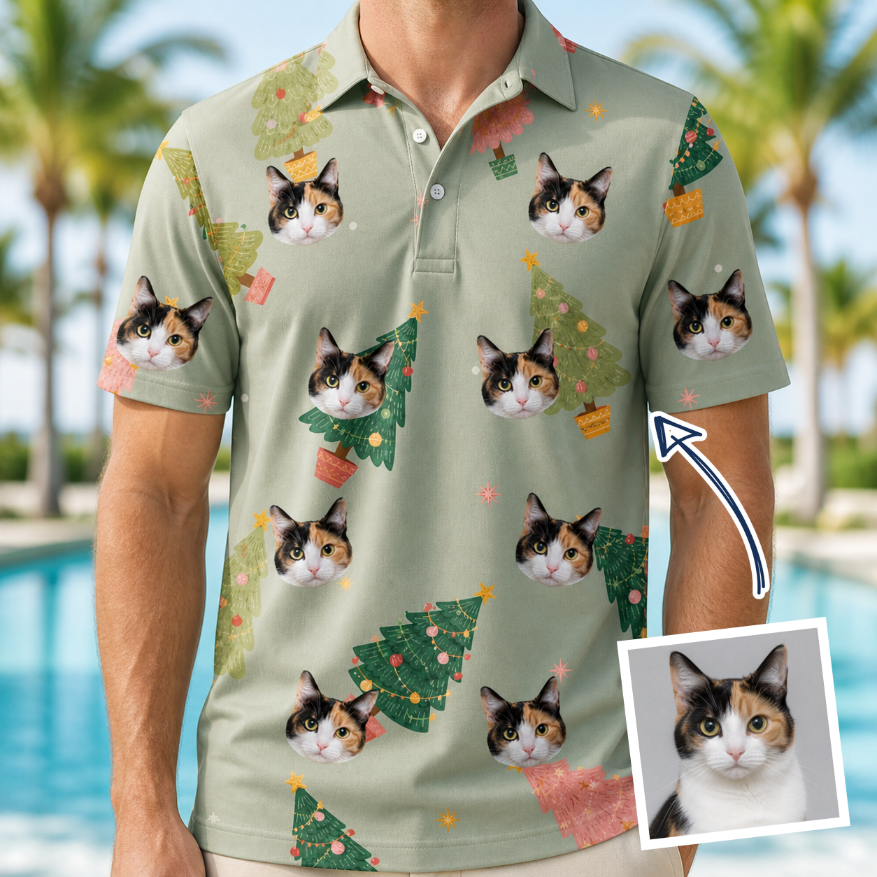 Man wearing Men's Trimmed Tannenbaums Custom Cat Face Polo Shirt — custom faces printed all-over