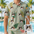 Man wearing Men's Trimmed Tannenbaums Custom Cat Face Polo Shirt — custom faces printed all-over