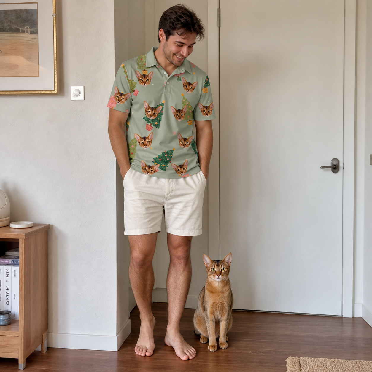 Full-length photo with the pet printed all over this Men's Trimmed Tannenbaums Custom Cat Face Polo Shirt
